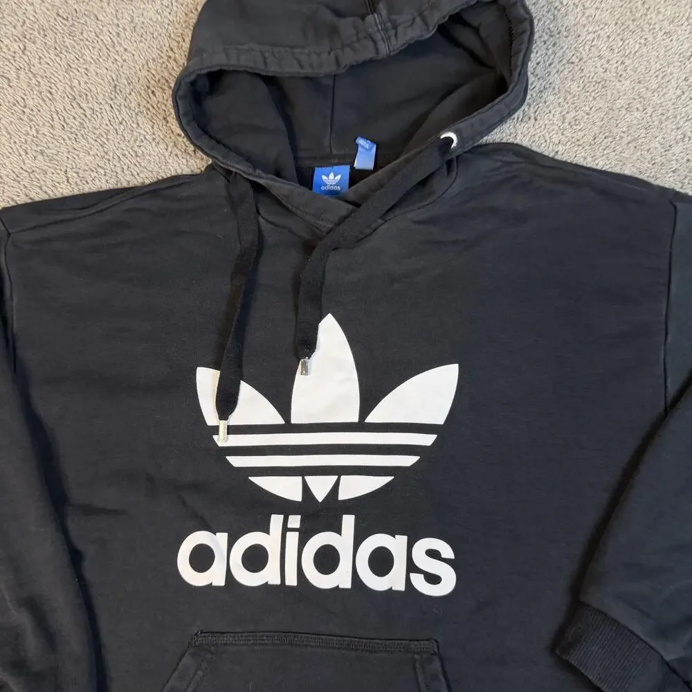 Adidas Hoodie Mens M Black Pullover Hooded Pockets Trefoil Graphic Originals